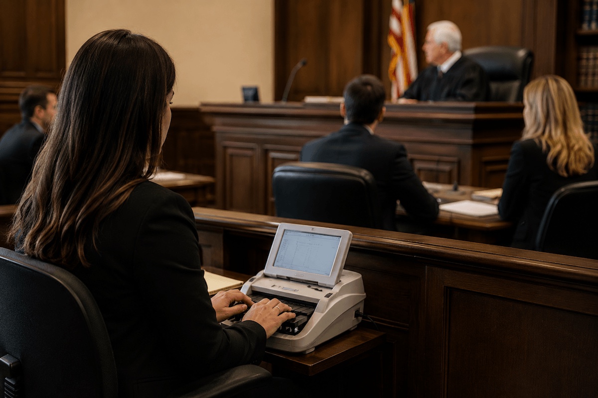 A court reporting student practicing on a stenotype machine